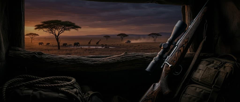 View from a hunting blind at dusk — bolt rifle with scope, gear in the foreground, elephants and giraffes on the savanna beyond