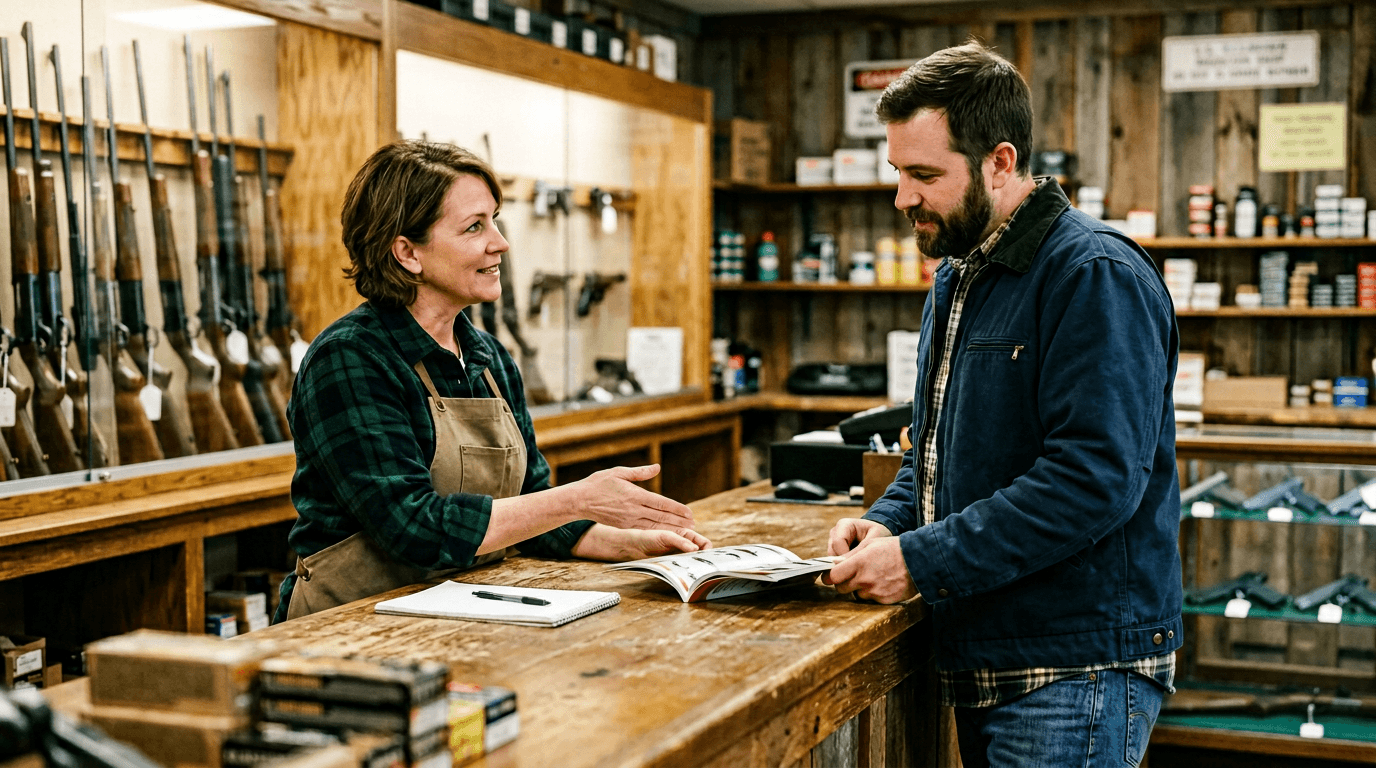 Customer and staff talking at the shop counter about a firearm
